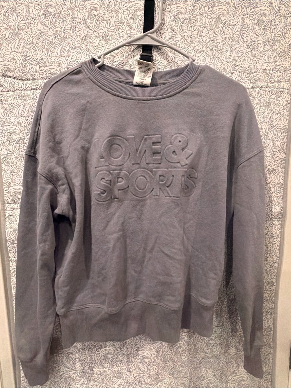Embossed Love & Sports Crewneck Sweater - Gray. used sign worn